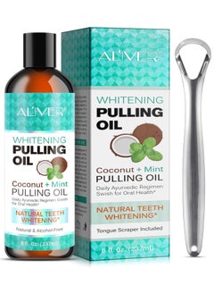 Buy Pulling Oil With Coconut & Peppermint, Oil-Mouthwash for Oral Care-Teeth Whitening and Fresh Breath, Organic Essential Oils Mouthwash With Tongue Scraper Alcohol-Free, Treatment for Gum 237ml in Saudi Arabia