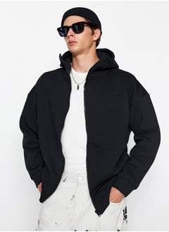 Buy Black Oversize/Wide Cut Zippered Hooded Cotton Sweatshirt TMNAW24SW00049 in Egypt