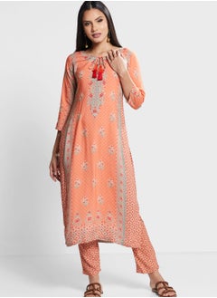 Buy Embroidered Printed Kurti & Pants Set in UAE