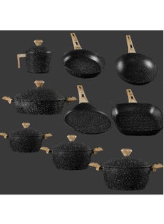 Buy Attractively Designed Pots And Pans Set With Milk Pot With Lid 14 Pieces Black/Wooden in Saudi Arabia