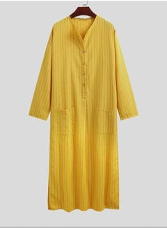 اشتري Men's Muslim Stripe Pattern Loose Robe Thobe Long Sleeve Side Split Kaftan Yellow في الامارات