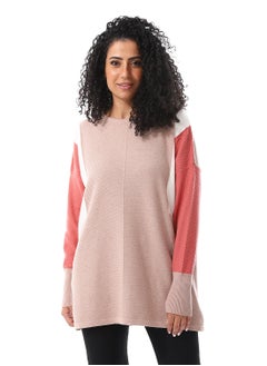 Buy Tri-Tone Round Collar Striped wide Pullover_Coral, Latte Beige & White in Egypt