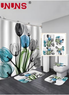 Buy 4PCS Printed Shower Curtain Set with Non-Slip Rugs,Toilet Lid Cover And Bath Mat,Durable Waterproof Flora Shower Curtain With 12 Hooks in Saudi Arabia