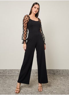 اشتري Mesh Insert Flocked Sleeve Wide Leg Ponte Jumpsuit في السعودية