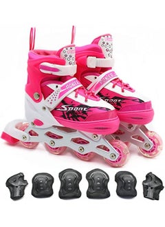 Buy Inline Skates Adjustable Size Roller Skates with Flashing Wheels Children Skate Shoes Including Protective Gear Knee Elbow Wrist pink colour in UAE