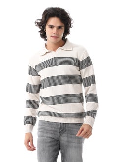 Buy Turn Down Polo Collar Striped Pullover_Beige & Black in Egypt