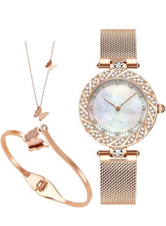 Buy Elegant Women Watch Set, 3 Pcs Lady Watches with Bracelet and Necklace Set, Analogue Quartz Diamond Watches with Stainless Steel Strap, Rose Gold Watch and Jewelry Set in UAE