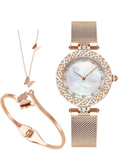 اشتري Elegant Women Watch Set, 3 Pcs Lady Watches with Bracelet and Necklace Set, Analogue Quartz Diamond Watches with Stainless Steel Strap, Rose Gold Watch and Jewelry Set في الامارات