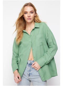 Buy Green Buttoned Rollable Sleeve Detailed Oversize Muslin Woven Shirt TWOSS24GO00060 in Egypt