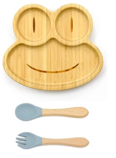 Buy Wooden Bamboo Cartoon Dinner Plate Silicone Suction With Silicone Bamboo Spoon Fork Set for Baby Feeding: Frog Design - Blue in UAE