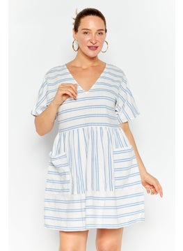 Buy Women V Neck Short Sleeves Stripe Dress, White/Blue in UAE