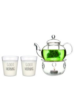 Buy Glass Teapot with Burner and Good Morning Printed Glass 2 Pcs set in UAE