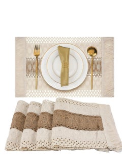 Buy Cotton Placemats Non-Slip Heat Resistant Washable Rustic Beige Burlap Macrame Place with Tassels for Farmhouse Kitchen Decorations Gatherings Wedding Dinner 4, 12 x 20 inches in Saudi Arabia