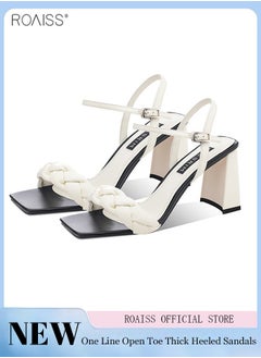 Buy One Line Square Toe High Heels Cloud Material Woven Adjustable Strap 9Cm Thick Heels in Saudi Arabia