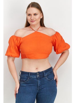 Buy Women Halter Neckline Puffed Sleeve Textured Crop Top, Orange in UAE