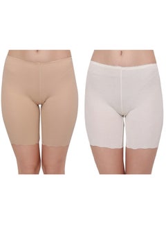 Buy Women's Cotton Seamless Cycling Shorts/Under Skirt Shorts, (Pack Of 2), White/Beige in UAE