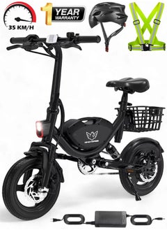 Buy Foldable Electric Bike for Adults 500W Brushless Hub Motor, 35 KMH Max Speed, 19-35 KM Range with 36V 8AH Battery, 14 Inches Tires with Dual Suspension and Disc Brakes, Lightweight Carbon Alloy Frame, Urban Commuter E-Bike with Basket for Easy Storage with Helmet and Safety Vest in UAE