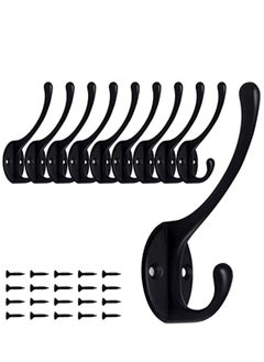 اشتري 10 Pack Matte Black Coat Hooks Heavy Duty Dual Coat Hooks Wall Mounted Utility Black Not Rust Hooks for Coat, Robe, Scarf, Bag, Towel, Key, Hat and More, Include 20 Pieces Screws في السعودية