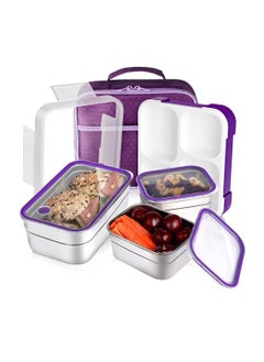 اشتري Stainless Steel Lunch Box for Kid School, Insulated Bento Lunch Box with Bag, 3 Compartment Divided Lunch Containers with Lids, Leakproof, BFA Free, Dishwasher Safe,  1260ML Purple في الامارات