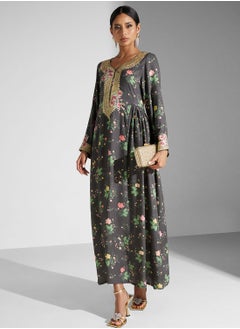 اشتري Embroidered Floral Print Tiered Jalabiya في الامارات