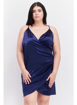 Buy Women Plus Size Solid Mini Wrap Dress, Navy Blue in UAE