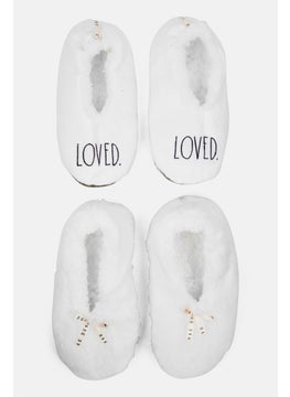 اشتري Women 2 Pairs Embroidered Slip On Homewear Slippers, Grey/White Combo في الامارات