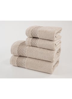 Buy Towel 4 Piece Bathroom  Set - TRIANGLE - 500 GSM - 100% Cotton Terry - Jacquard Border- 2 Bath  70X140 cm & 2 Hand  50x90 cm- Luxury Touch - Extra Absorbent- Cream in Saudi Arabia