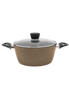 Buy Granite pot with glass lid and high-quality handles, medium capacity 20 cm and depth 10 cm, food cooking pot, for multi-use soup, brown color in Saudi Arabia