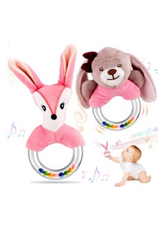 اشتري 2PCS Baby Rattle Toys for 0-12 Months, Newborn Baby Rattles Teething Ring Sensory Plush Toy Ring Rattle Toy Shower Gift Sensory Plush Toy Set for 0 3 6 9 12 Month Infant Boys Girls (Fox/Rabbit) في الامارات