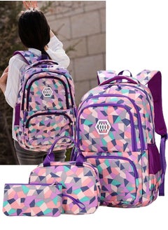 اشتري 3PCS School Bags Children School Backpack Geometric Print Backpack School Bags For Teenagers Large Capacity Backpack Waterproof Backpacks 3 in 1 School Bag Lunch Bag and Pencil Case  (Purple) في السعودية