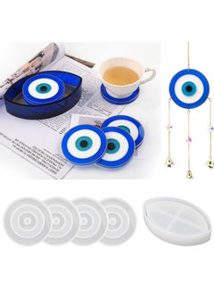 Buy Coaster Resin Mold, 4Pcs Evil Eye Silicone Molds DIY Epoxy Mold for Coasters Resin Casting, Coaster Resin Molds with Coaster Stand Storage Box Molds for Gift, Home Decoration in UAE
