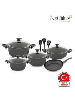 Buy Cookware set 12 Piece Granite Coating Non-Stick Cookware Set | 28cm,24cm,20cm Deep pot With Glass Lid | 26cm Low pot With Glass Lid | 26cm Fry Pan | 3 Pcs Nylon Serving Tools in UAE