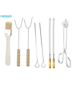 Buy BBQ Grill Accessories Heavy Duty 8 Pieces Grilling Tools, Barbecue Stainless Steel Utensils Set Gift with Fork Oil Spreading Brush Tong Needles Skewers BBQ Set for Camping Parties in UAE