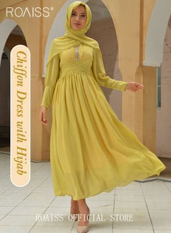 Buy Ladies Dress Solid Color Chiffon Waist Puff Sleeve Long Sleeve Long Sleeve Abaya Dress for Ladies Ramadan Eid al-Adha in Saudi Arabia