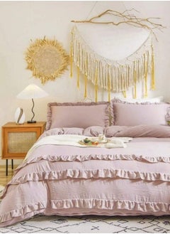 Buy King Size 6 Pieces Old Pink Boho Duvet Cover Set, Washable Cotton Bedding Set, Plain Color with Ruffle Décor. in UAE