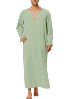 Buy Men's Muslim Solid Color Loose Robe Thobe Long Sleeve Side Split Kaftan Light Green in Saudi Arabia