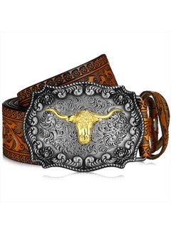 اشتري Western Leather Buckle Belts Cowboy Longhorn Bull Pattern Buckle Belt Floral Engraved Buckle Belt for Men (Camel,39 Inch) في الامارات