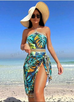 Buy SHEIN Swim Tropical Print Halter One Piece Swimsuit With Beach Skirt,Summer Beach in Egypt