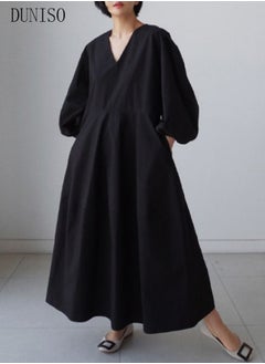 Buy Women Elegant Casual Summer Autumn Long Dress V Neck Loose Casual Long Sleeve Maxi Dress Long Cardigan Cover Ups Shirt Dresses in Saudi Arabia