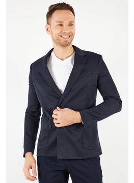 Buy Men Regular Fit Long Sleeve Textured Blazer, Navy in UAE