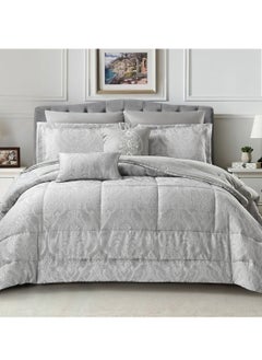 Buy Bedding Comforter Set 5-Pcs Single Size Solid Jacquard Embroidery Bed Set FIts (170X230 CM) With 350GSM Poly Silk FIlling, Grey in Saudi Arabia