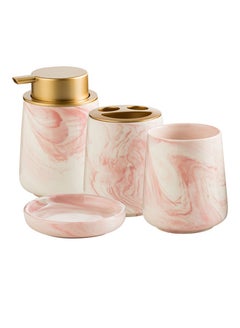 Buy Modern Bathroom Decoration Marble Pattern Bathroom Accessory Set Ceramic Bath Accessory Set Deluxe Bath Accessory with Soap Dispenser Set of 4 Pieces Pink in UAE