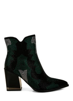 Buy Rhinestones Embellished Block Heel Boots in Green in UAE