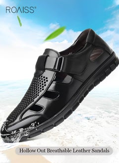 اشتري Men's Summer Breathable Mesh Leather Shoes Side Hollowed Out Velcro Business Pu Leather Sandals Casual Fashion Anti-Skid Sandals في الامارات