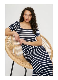 Buy Navy Stripe Square Neck Split Midi Dress in UAE