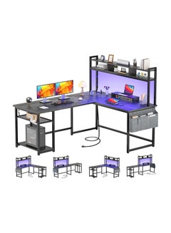 Buy Reversible L-Shaped Corner Computer Desks Gaming Desk with Storage Shelf & Monitor Stand, Modern Home Office Desk Writing Desk Modular Dombination Desk Shaped Desk with Power Outlet  LED Strip in UAE