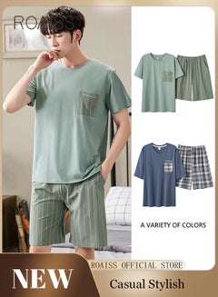 Buy 2-Piece Pajama Set Men's Modal Short-Sleeved T-Shirt Short Pants Sets Stripe Pattern Sleepwear Nightgown Male Loose Spring Summer Thin Loungewear Home Clothes Green in UAE