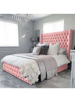 Buy Burgas | Wooden Bed Frame Upholstered in Velvet - Light Pink in Saudi Arabia