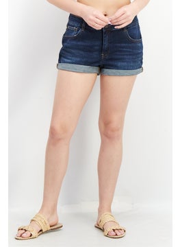 Buy Women  Washed Cuffed Hem Denim Short, Navy in UAE