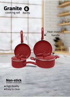 Buy 6 Pieces Turkish Granite Cookware Set with Pyrex Lid - Red in Saudi Arabia